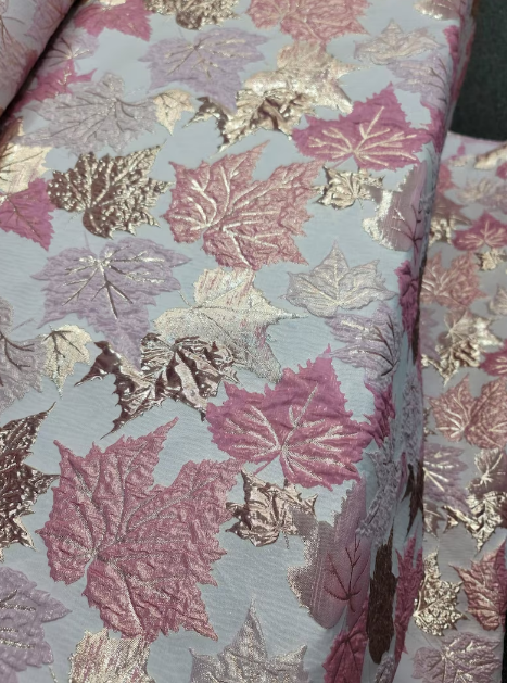 Brocade Jacquard Metallic Pink Maple Leaves