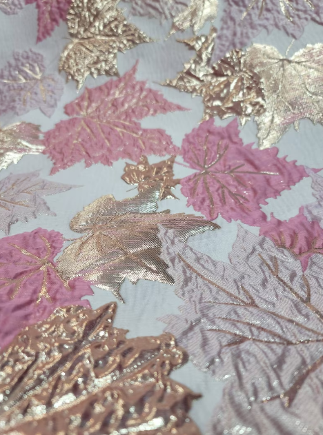 Brocade Jacquard Metallic Pink Maple Leaves
