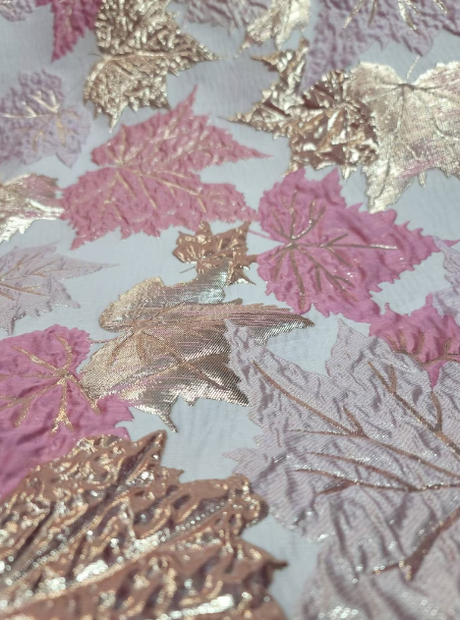 Brocade Jacquard Metallic Pink Maple Leaves