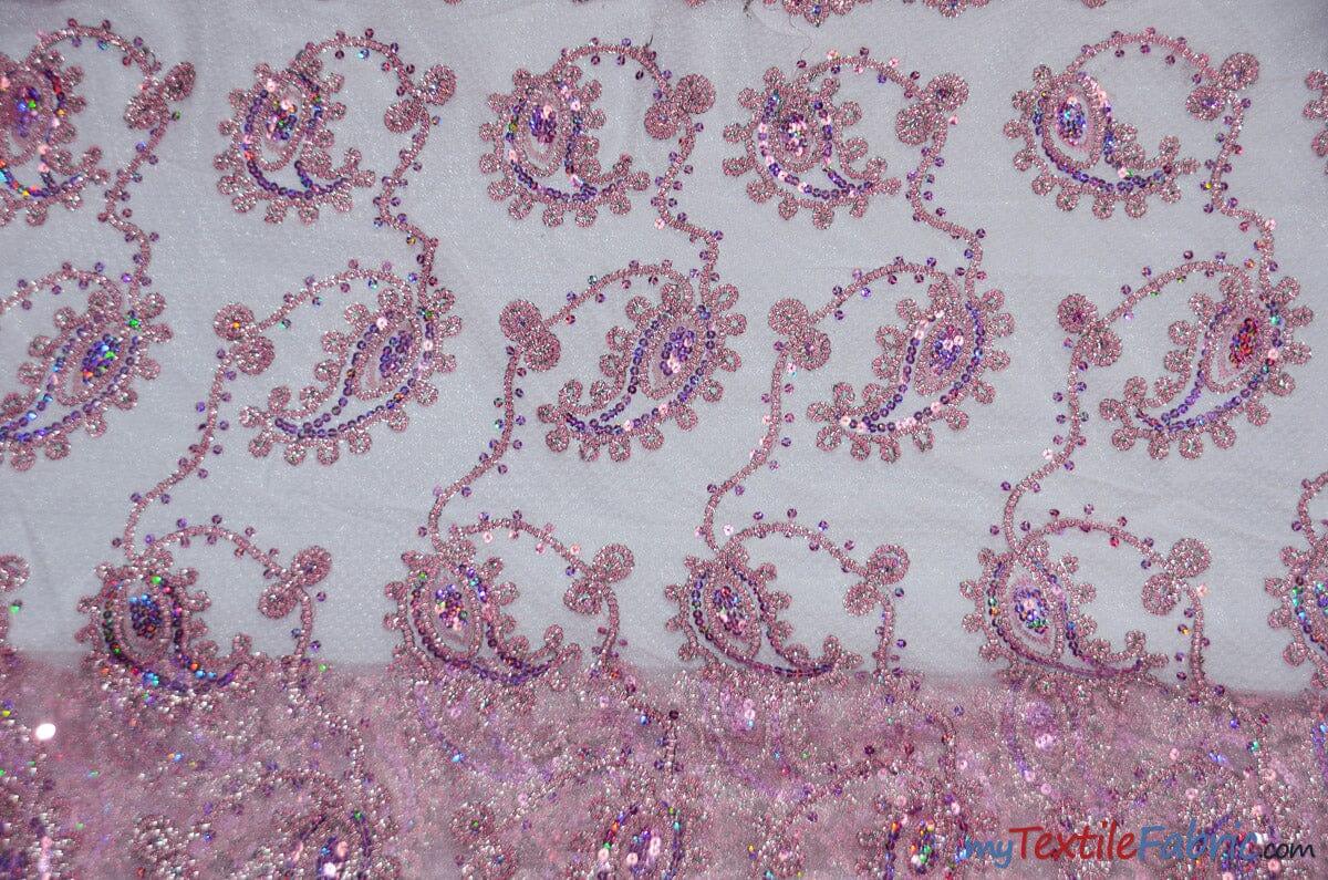 Coco Paisley Polyester Fabric - Sheer Embroidered Paisley, Double Scallop Lace, 52" Width (1 Yard)