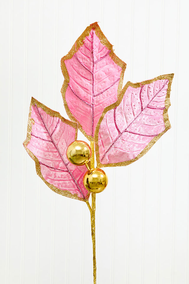30" Holly Leaves Spray - Pink & Gold