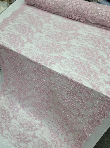 Beaded Lace Embroidery Pink Lilac Mesh