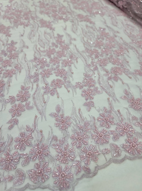 Beaded Lace Embroidery Pink Lilac Mesh