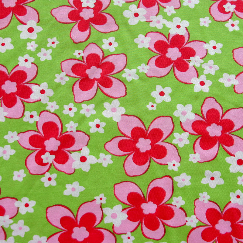 Swim Knit Nylon Lycra Pink Flowers on Lime