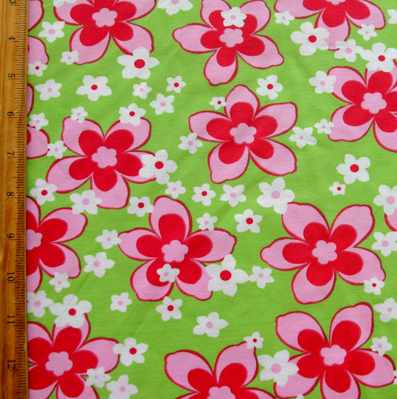 Swim Knit Nylon Lycra Pink Flowers on Lime