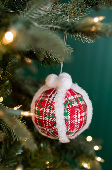 Plaid Ball Ornament with Fur Edge 5 Inch Cozy Christmas Decor
