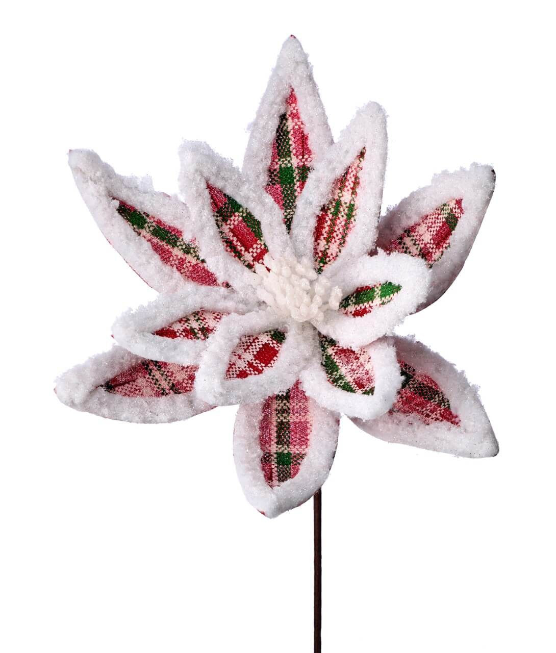 24 Inch x 13 Inch Glitter Fur Edge Plaid Poinsettia Stem