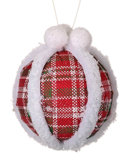Plaid Ball Ornament with Fur Edge 5 Inch Cozy Christmas Decor