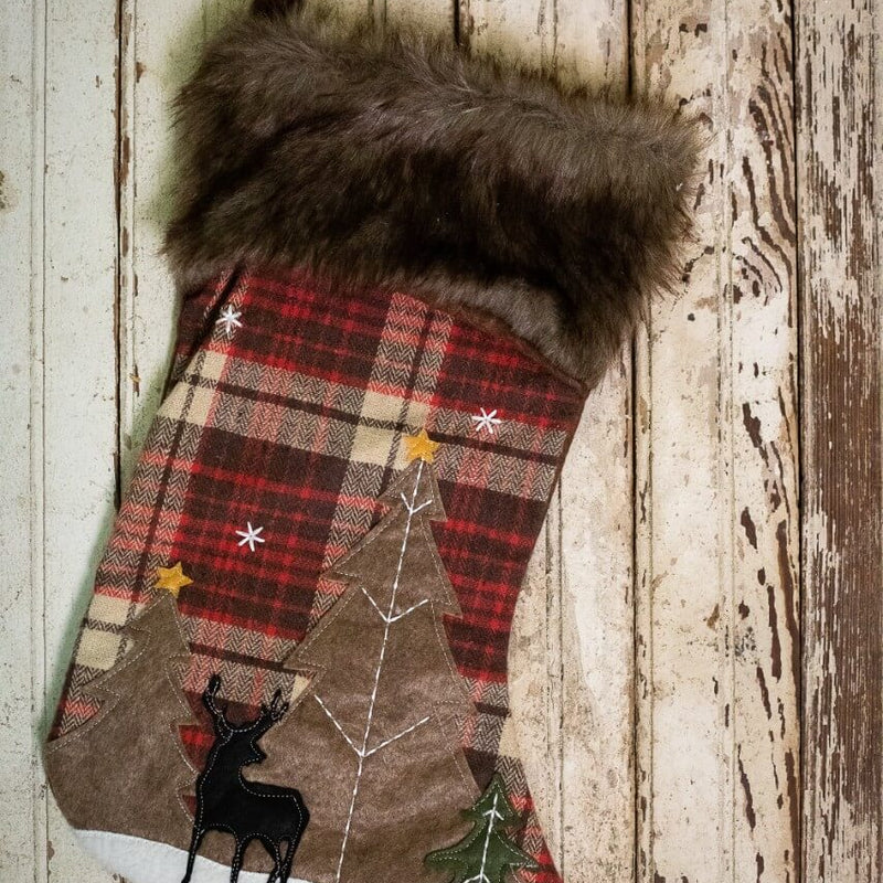 20” Plaid Deer Stocking with Faux Fur Cuff