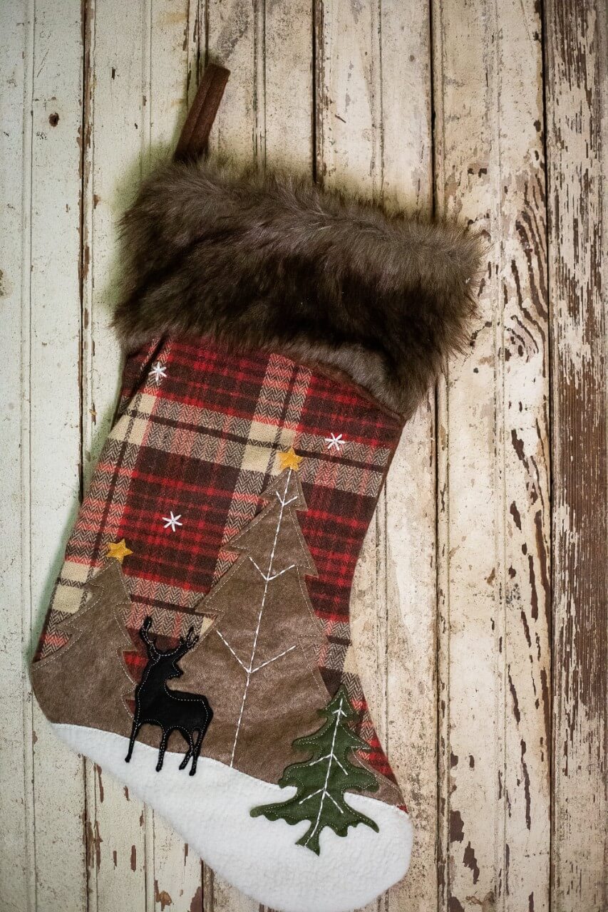 20” Plaid Deer Stocking with Faux Fur Cuff