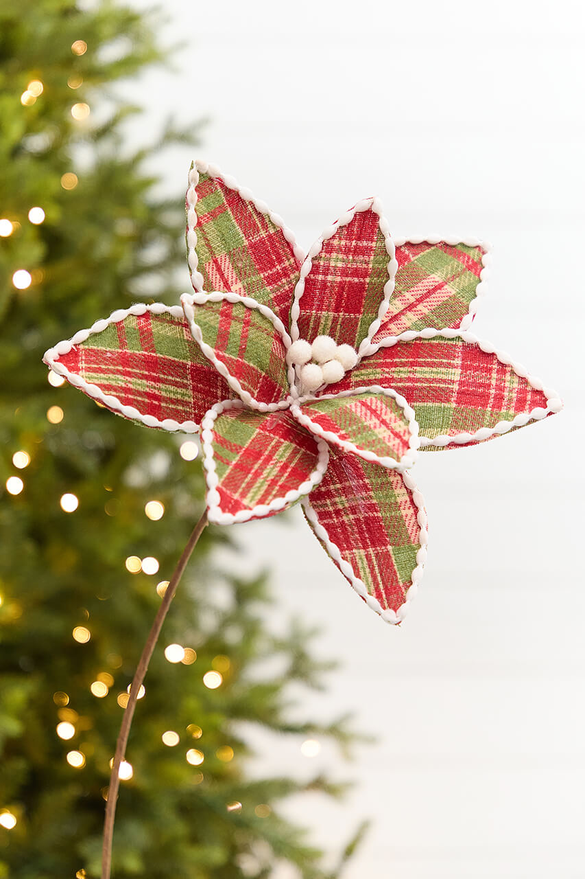 19" x 12" Red & Green Plaid Poinsettia Pick