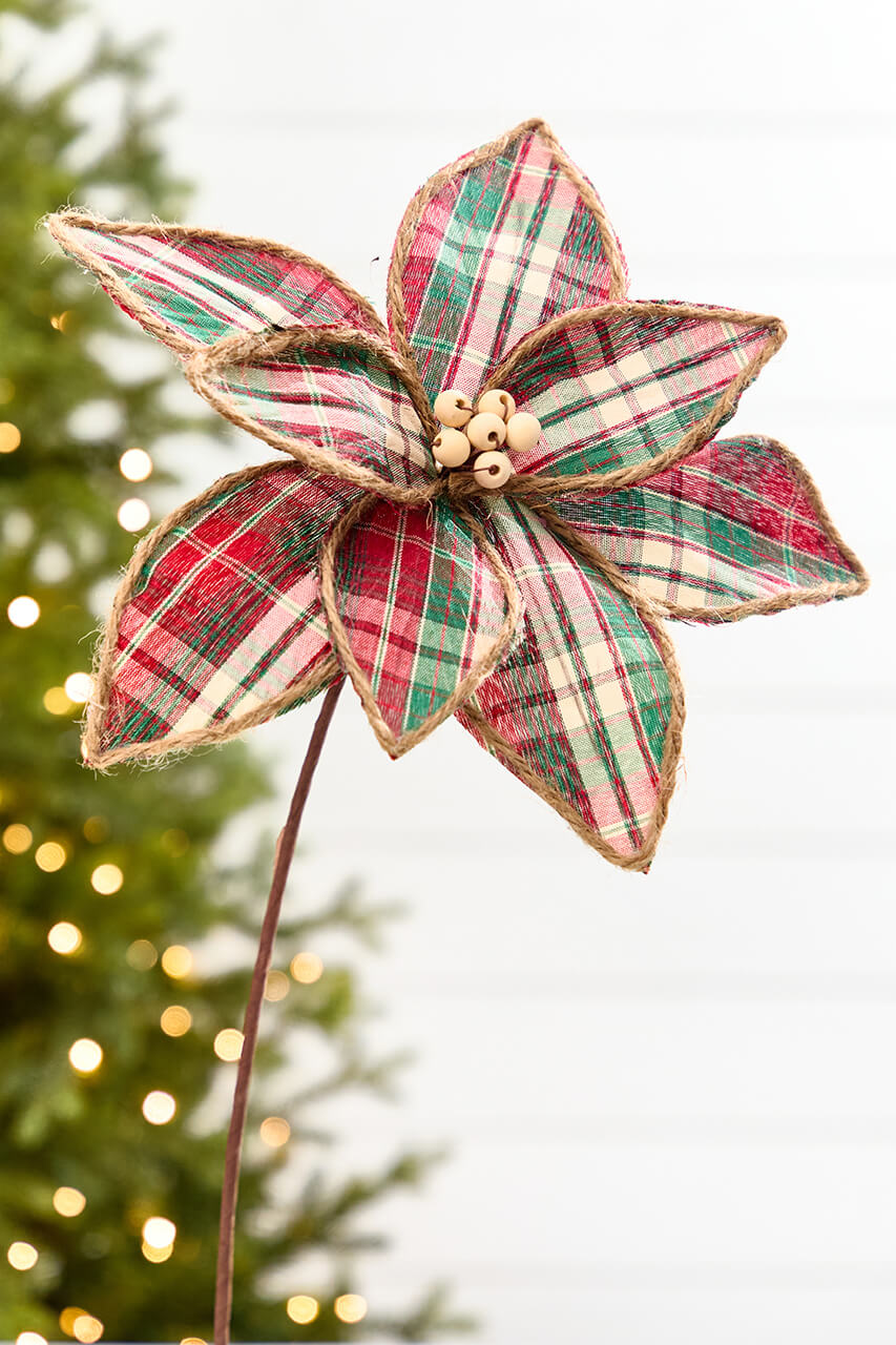 19" x 12" Plaid Poinsettia Stem