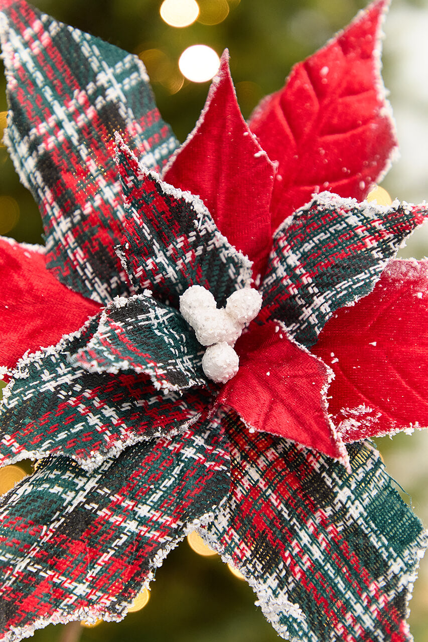 19" x 13" Red Plaid Poinsettia Pick