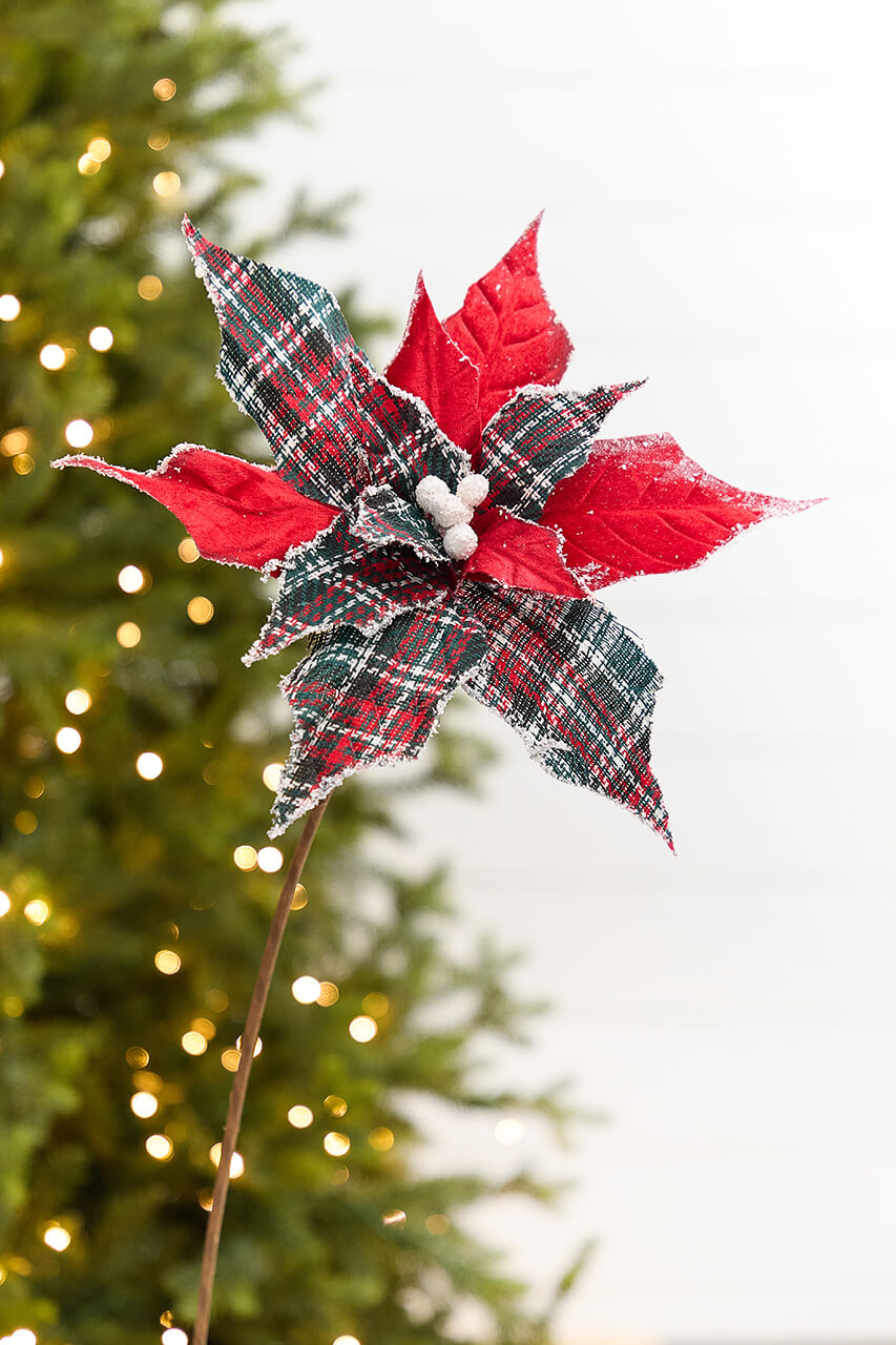 19" x 13" Red Plaid Poinsettia Pick