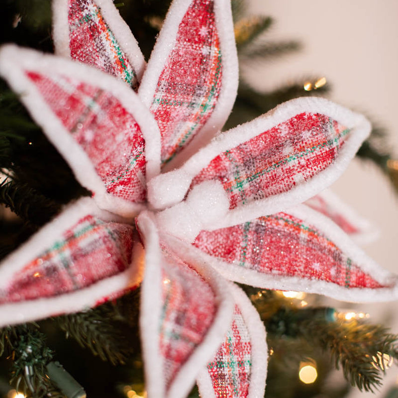 22” Plaid Poinsettia Stem with White Trim