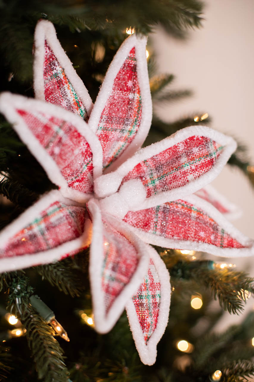 22” Plaid Poinsettia Stem with White Trim