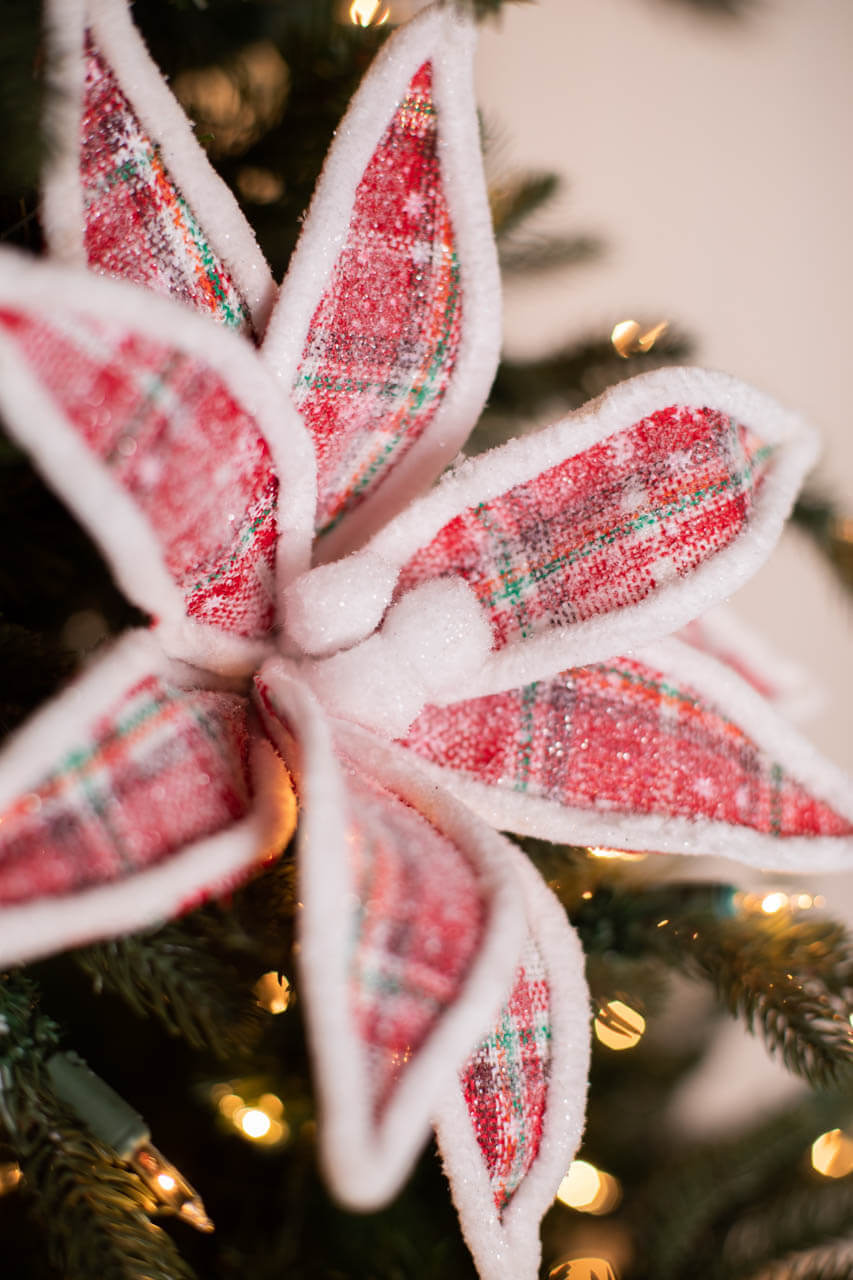 22” Plaid Poinsettia Stem with White Trim