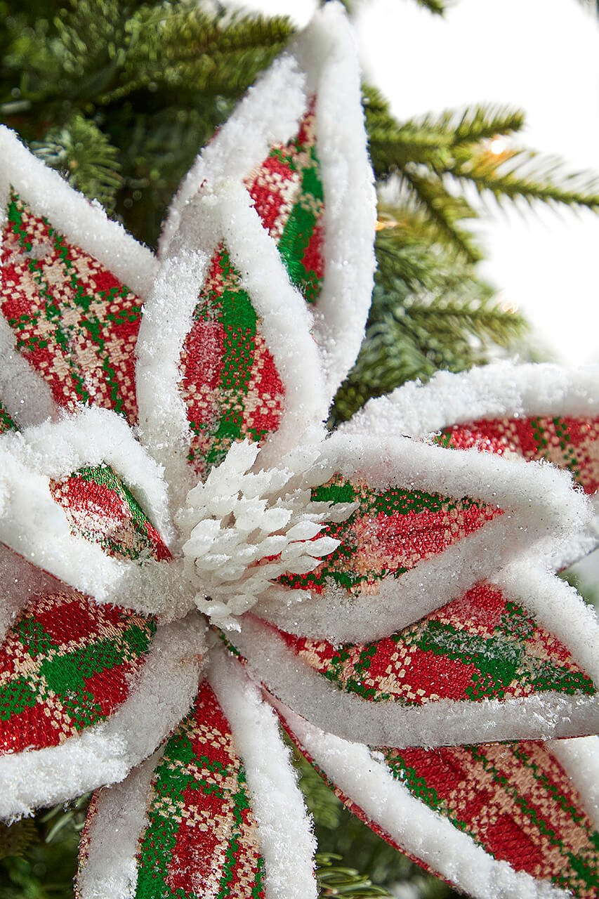 24” x 13" Glitter Fur Edge Plaid Poinsettia Stem