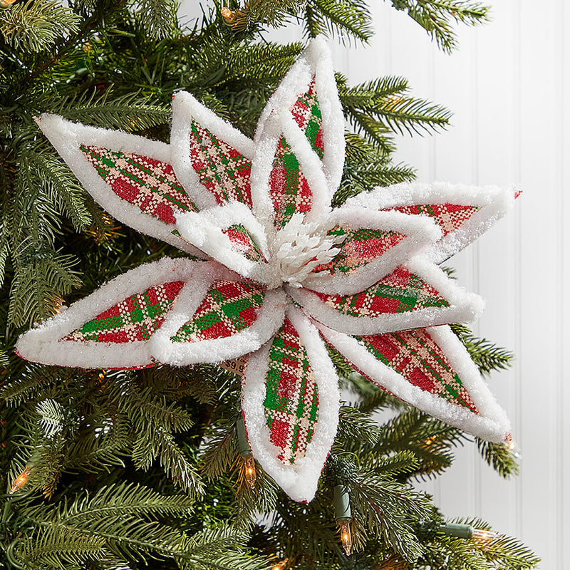 24 Inch x 13 Inch Glitter Fur Edge Plaid Poinsettia Stem