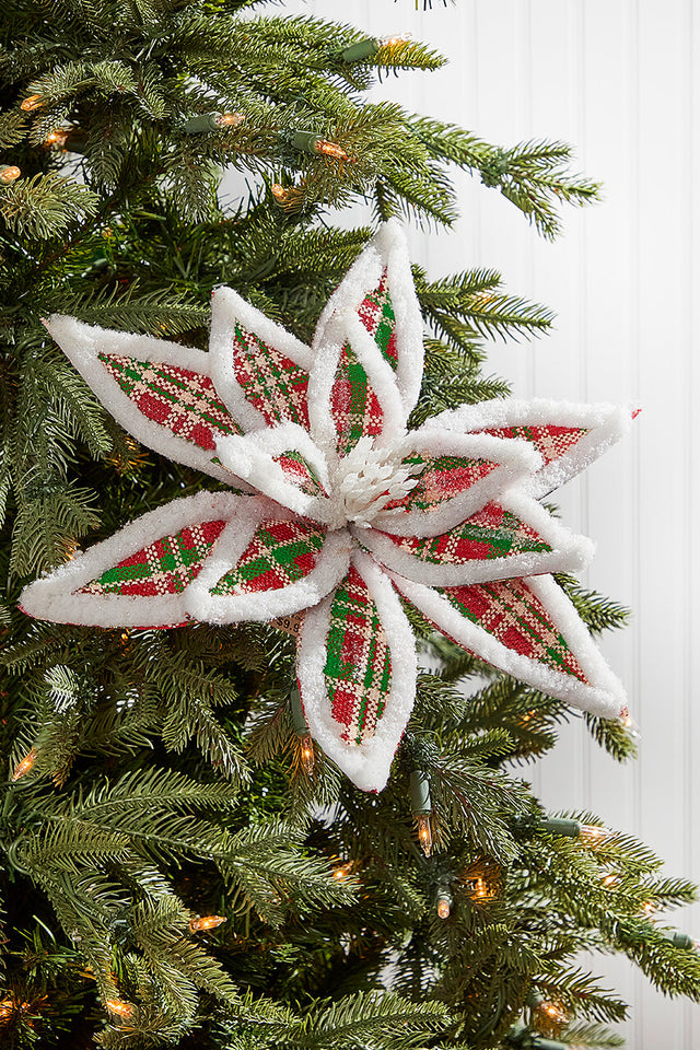 24” x 13" Glitter Fur Edge Plaid Poinsettia Stem