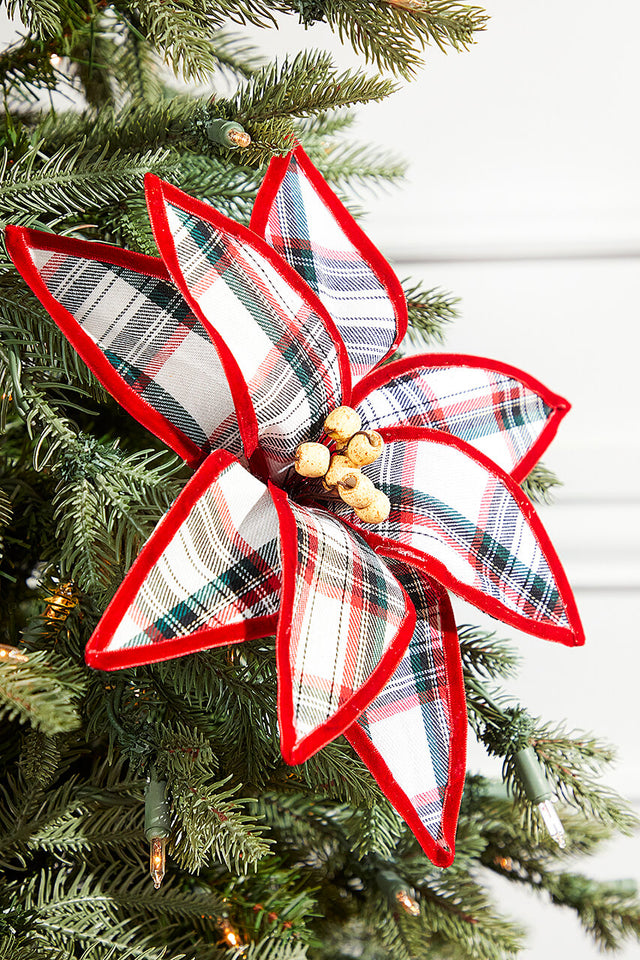 23" Plaid Poinsettia Stem - Red and Green