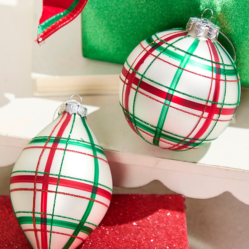 4" - 5.5" Red and Green Plaid Glass Ornaments