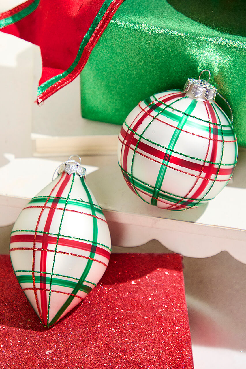 4" - 5.5" Red and Green Plaid Glass Ornaments