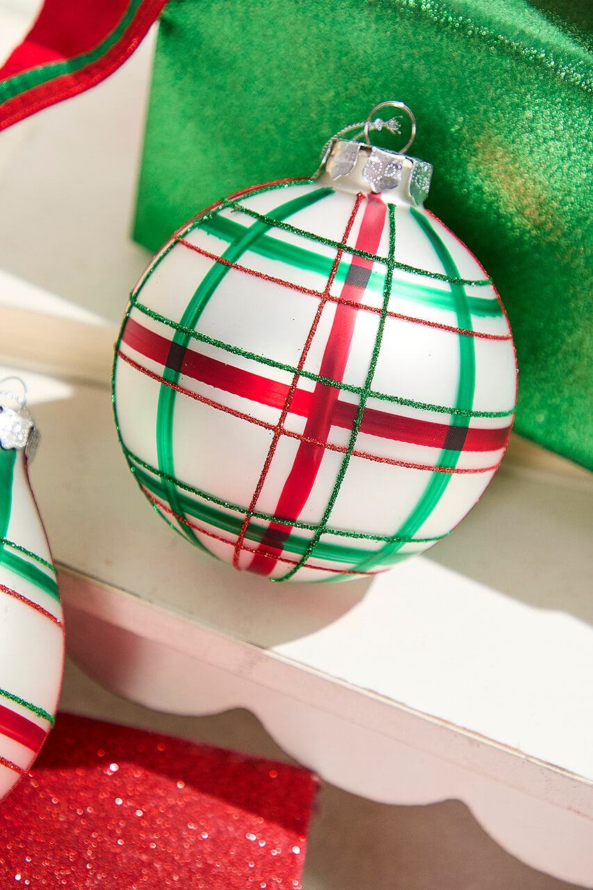 4" - 5.5" Red and Green Plaid Glass Ornaments