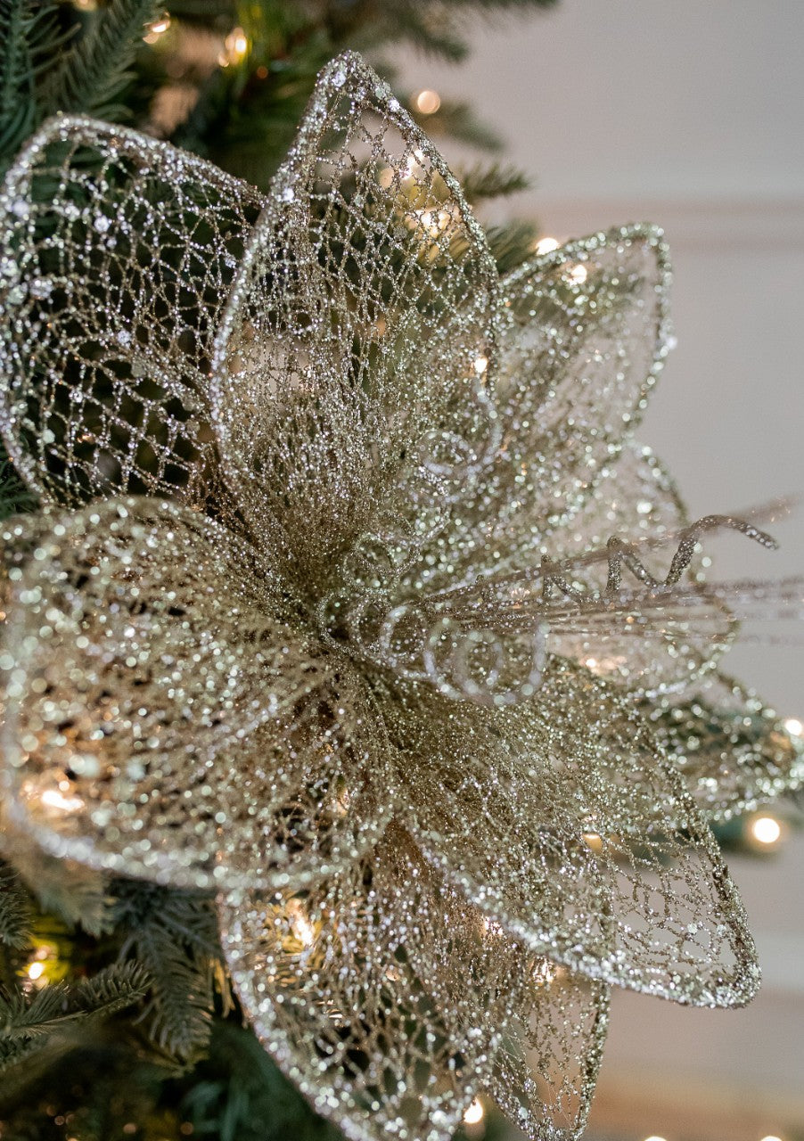 24” x 12" Champagne Glitter Sequin Mesh Poinsettia Stem
