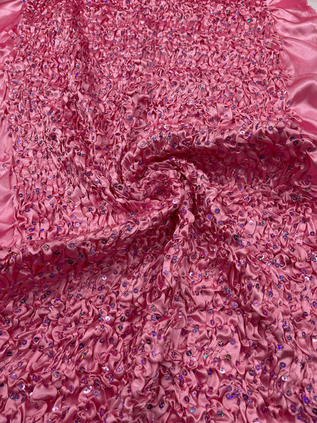 Pleated Stretch Satin Ruffle Lace Trim With Hologram Sequin Fabric - Multi Color Pleated Ruffle, 24" Width (1 Yard)