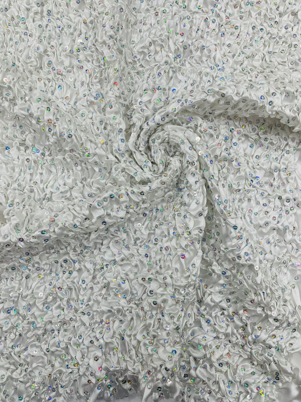 Pleated Stretch Satin Ruffle Lace Trim With Hologram Sequin Fabric - Multi Color Pleated Ruffle, 24" Width (1 Yard)