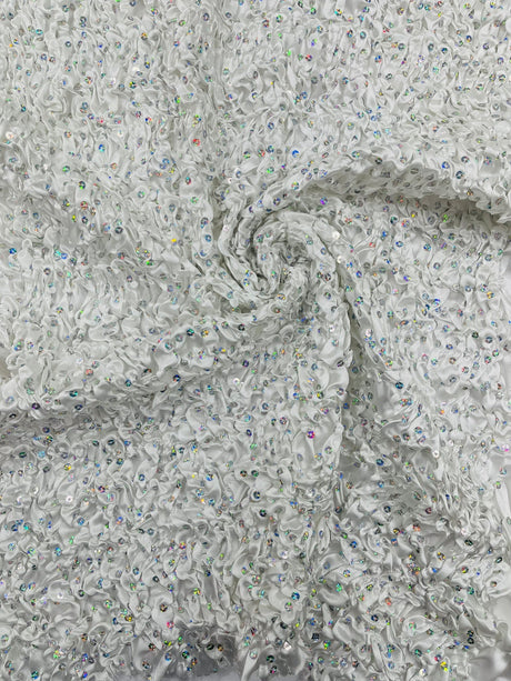 Pleated Stretch Satin Ruffle Lace Trim With Hologram Sequin Fabric - Multi Color Pleated Ruffle, 24" Width (1 Yard)