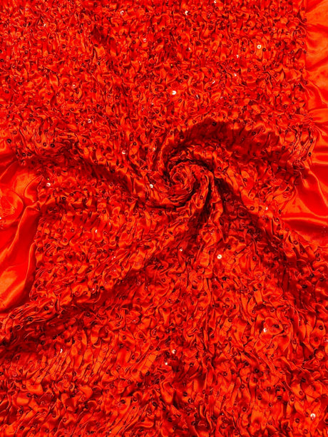 Pleated Stretch Satin Ruffle Lace Trim With Hologram Sequin Fabric - Multi Color Pleated Ruffle, 24" Width (1 Yard)