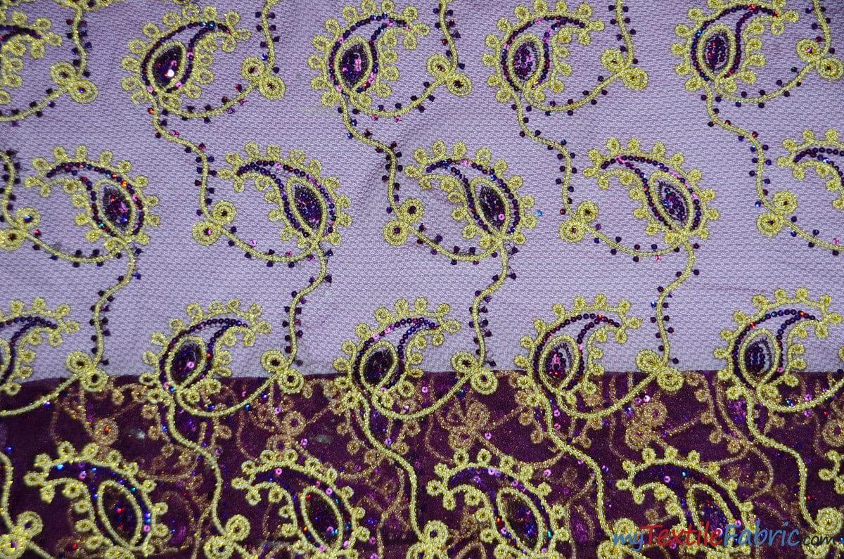Coco Paisley Polyester Fabric - Sheer Embroidered Paisley, Double Scallop Lace, 52" Width (1 Yard)