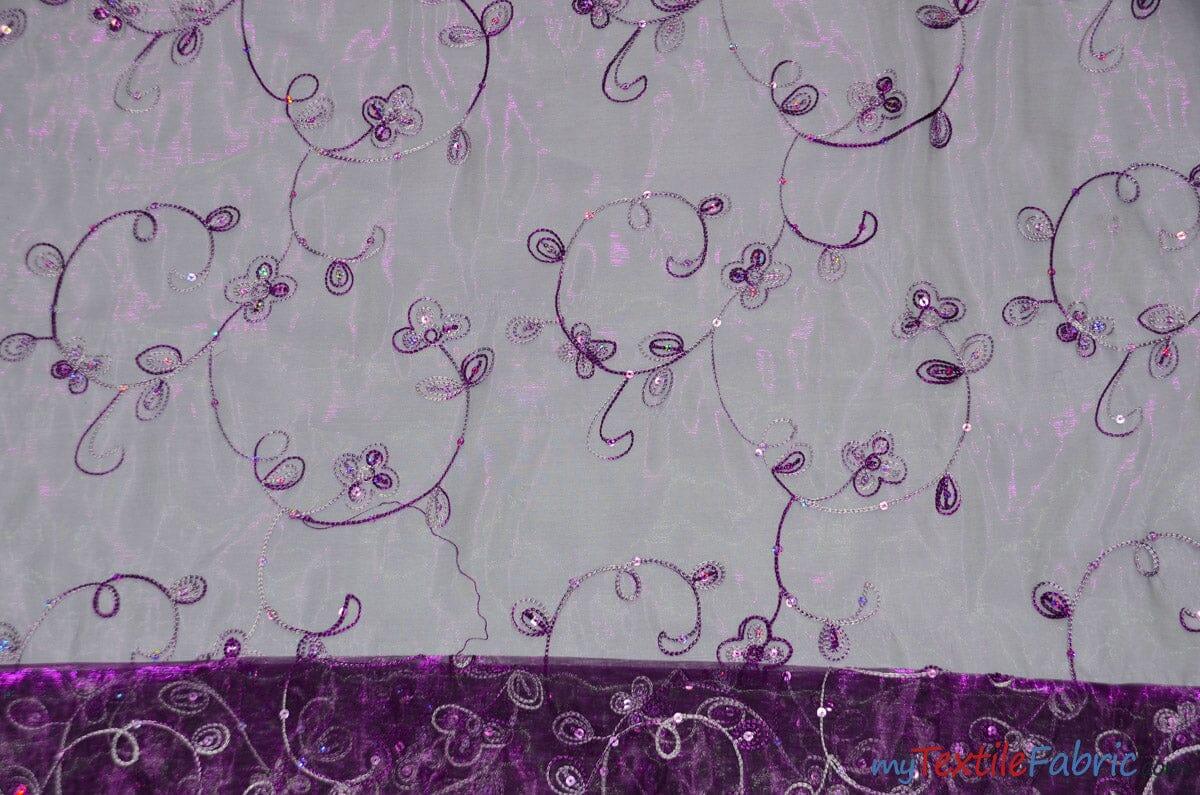 Dahlia Organza Embroidery Polyester Fabric - Embroidered Floral Sheer With Sequins Embellishment, 54" Width (1 Yard)