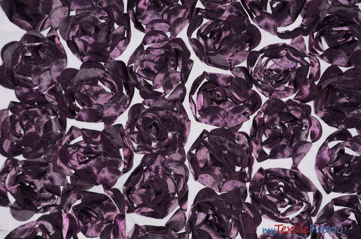 Rosette Satin Bordeaux Polyester Fabric - 3D Floral Satin Embroidered On A Mesh, Bordeaux, 52" Width (1 Yard)