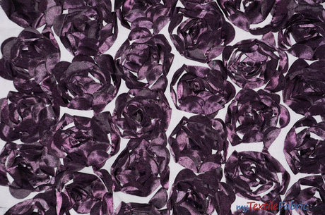 Rosette Satin Bordeaux Polyester Fabric - 3D Floral Satin Embroidered On A Mesh, Bordeaux, 52" Width (1 Yard)