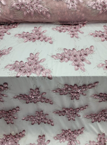 3D Floral Beaded Lace Dusty Rose