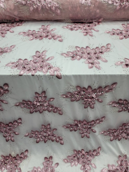 3D Floral Beaded Lace Dusty Rose
