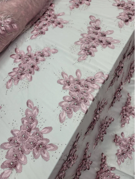 3D Floral Beaded Lace Dusty Rose
