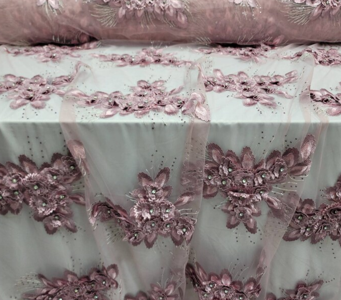 3D Floral Beaded Lace Dusty Rose