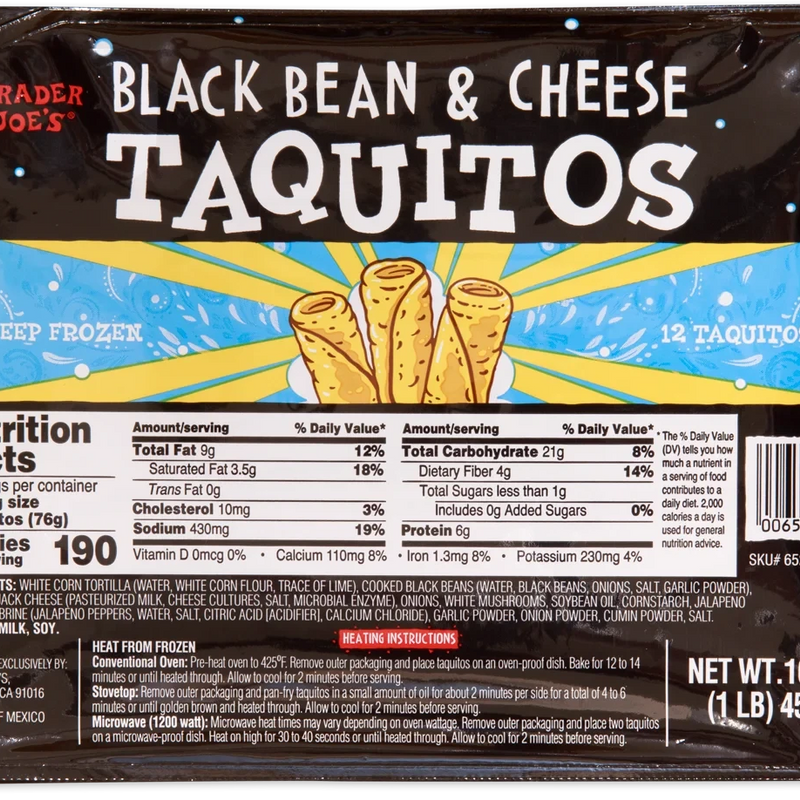 Black Bean & Cheese Taquitos Crispy Frozen Mexican Snack 16 Oz