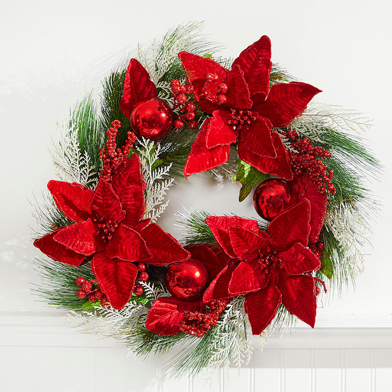 22” Poinsettia With Pine Wreath