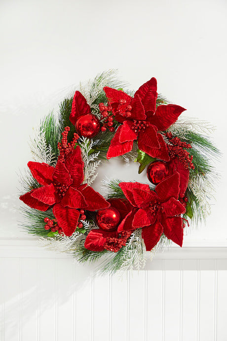 22” Poinsettia With Pine Wreath