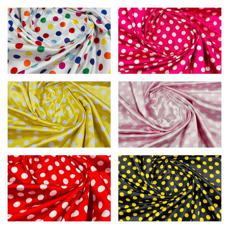 Polka Dot Satin 100 Percent Polyester Charmeuse Fabric - White Polka Dot On Red, 58" Width (1 Yard)
