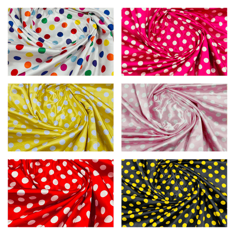Polka Dot Satin 100 Percent Polyester Charmeuse Fabric - White Polka Dot On Red, 58" Width (1 Yard)