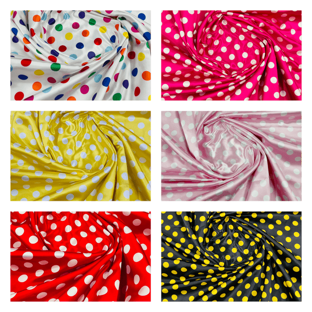 Polka Dot Satin 100 Percent Polyester Charmeuse Fabric - White Polka Dot On Red, 58" Width (1 Yard)