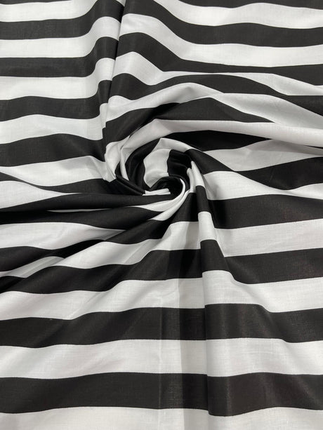 Poly Cotton 1" Stripe Print Poly Cotton Fabric - Black/White, Navy Blue/White, Pink/White, Red/White, Red/Black, Silver/White, Turquoise/White, Yellow/White, Yellow/Black, Yellow/Lilac, 58" Width (1 Yard)