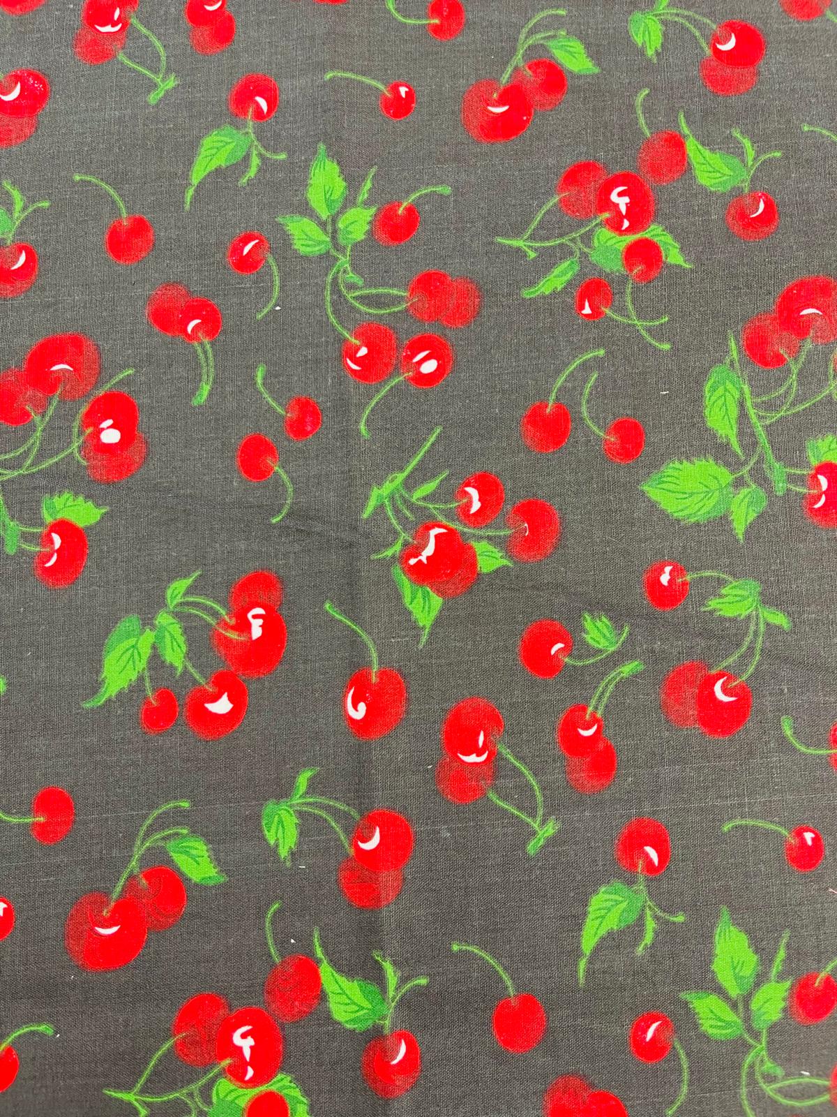 Poly Cotton Cherry Print Fabric - Black/White Cherry Fruit Print, 58-59" Width (1 Yard)