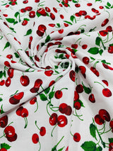 Poly Cotton Cherry Print Fabric - Black/White Cherry Fruit Print, 58-59" Width (1 Yard)